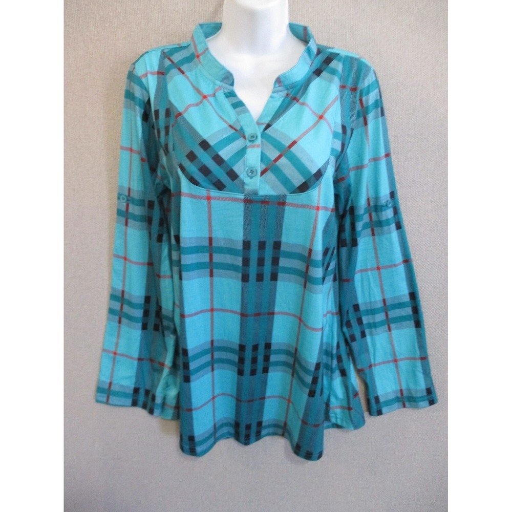 Miusey Womens Buffalo Plaid Roll Sleeve V Neck Flowy Loose Green Tunic Large